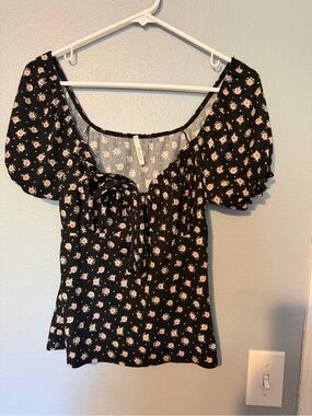 Bluebelle Black Floral Smocked Tie-Front Puff Sleeve Top
